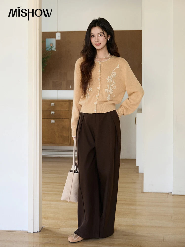 Mishow Camel Floral Embroidery Crew Neck Cardigan MXF11Z2896