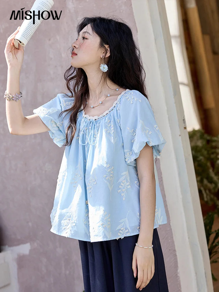 MISHOW Blue Cotton Embroidered Blouse Wave Edged O-Neck MXE35X1791