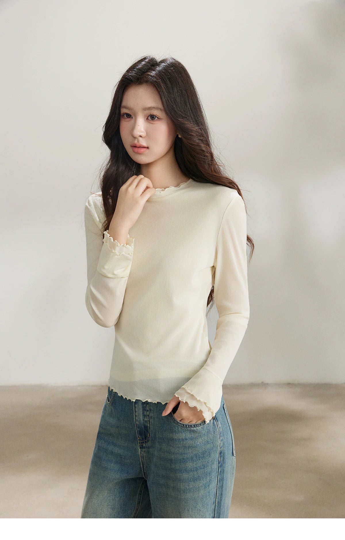 Mishow Ruffled Crew Neck Mesh Tee MXF11Z2914