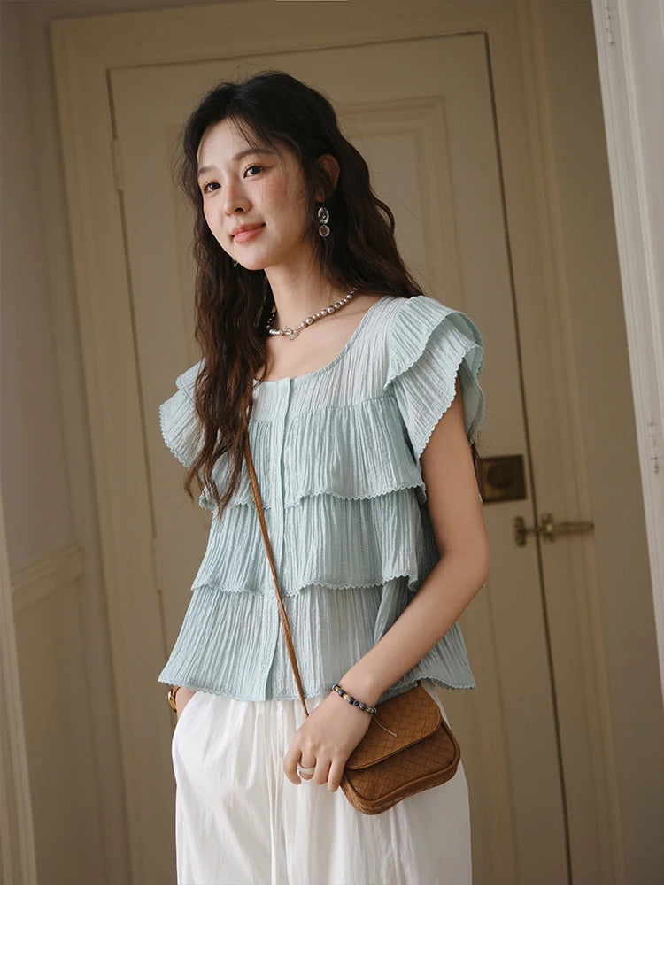MISHOW Butterfly Sleeve Chiffon Shirt Square Neck Button MXD30X1488
