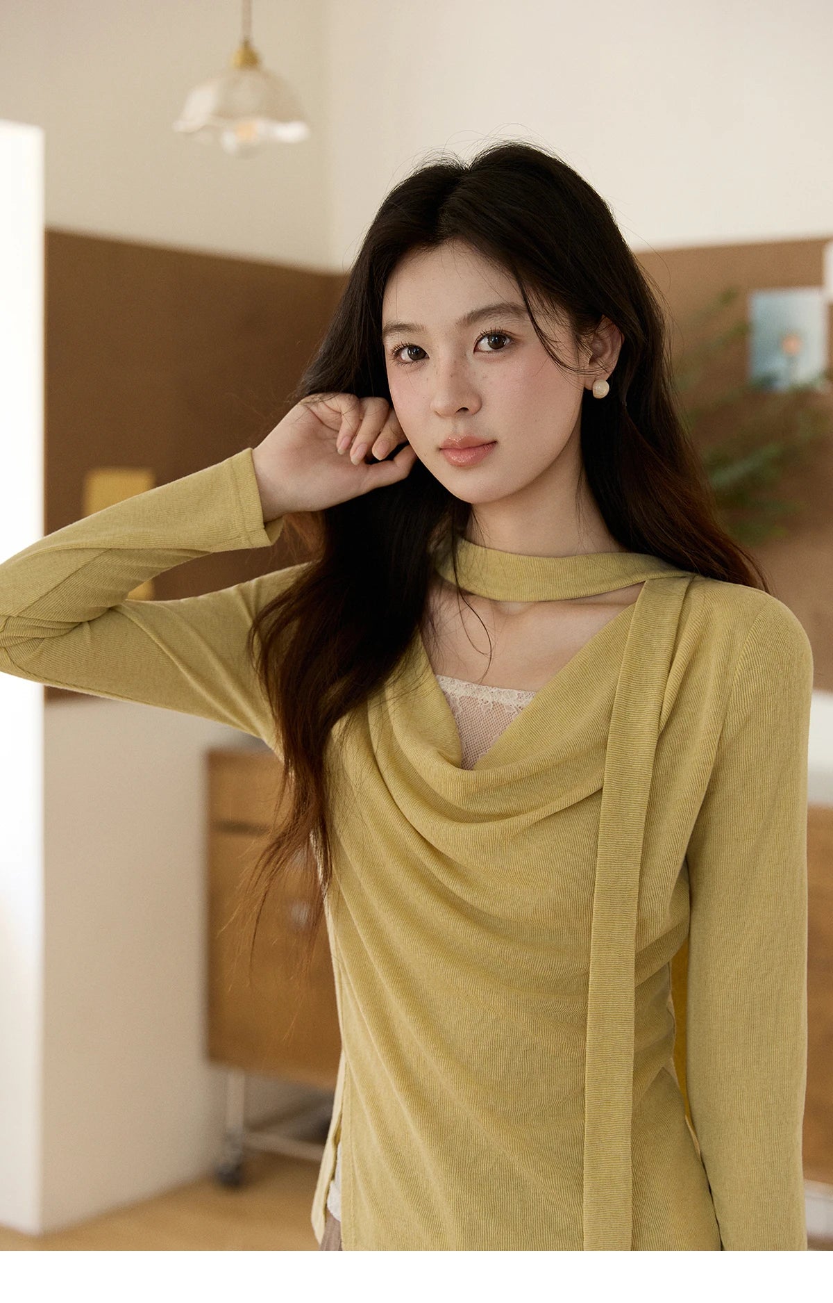Mishow Yellow Lace Splicing Ribbon Collar Top MXF108Z1030