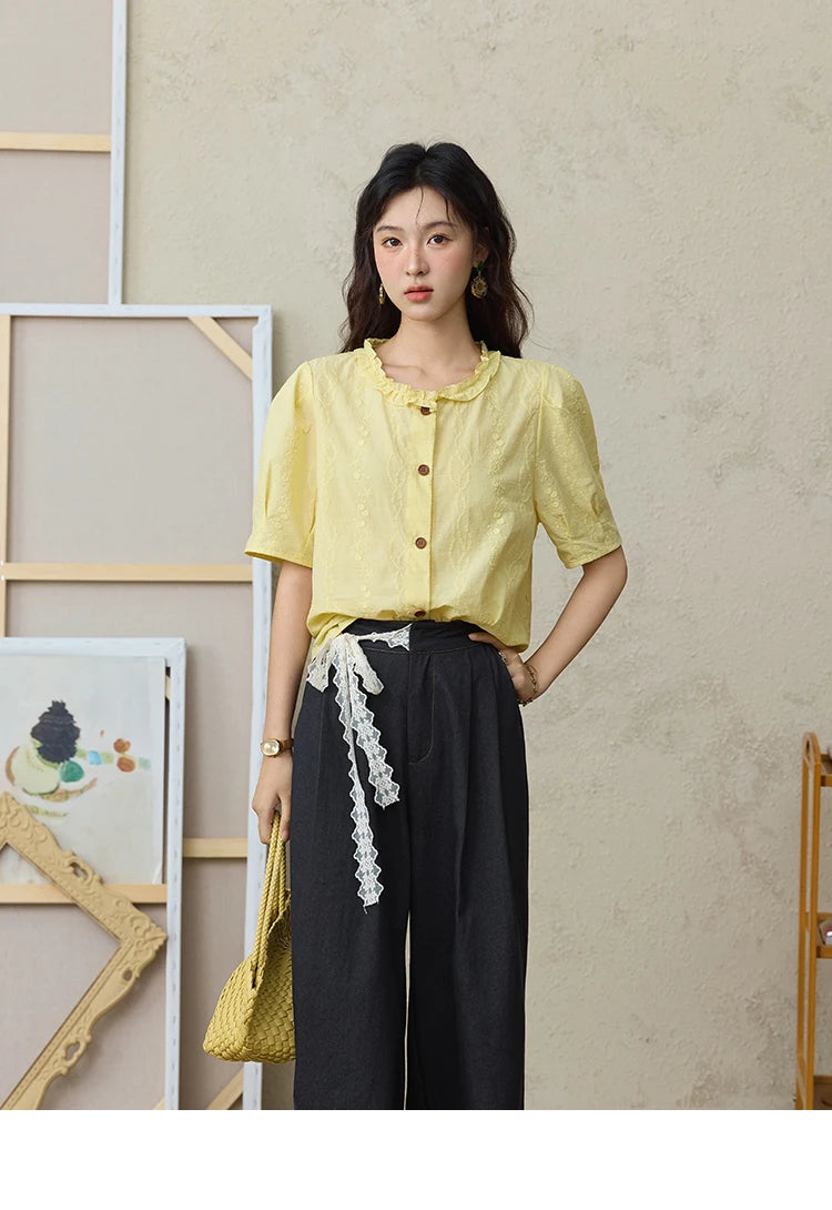 MISHOW 100% Cotton Puff Sleeve Shirt Round Neck Button MXE36X1873