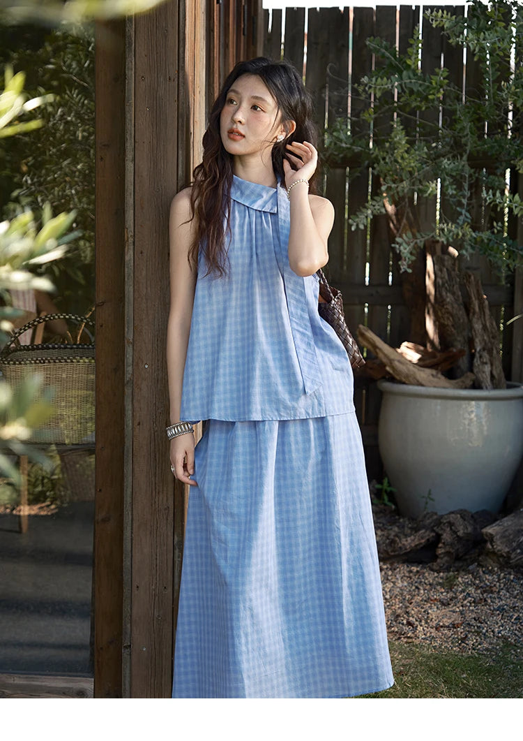 Mishow Plaid Hanging Neck Button Top & A-Line Skirt Set MXE39T0711