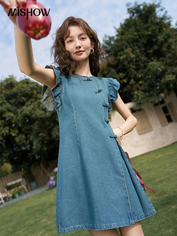 Mishow Chinese Flying Sleeve Split Denim Dress MXD22L1851