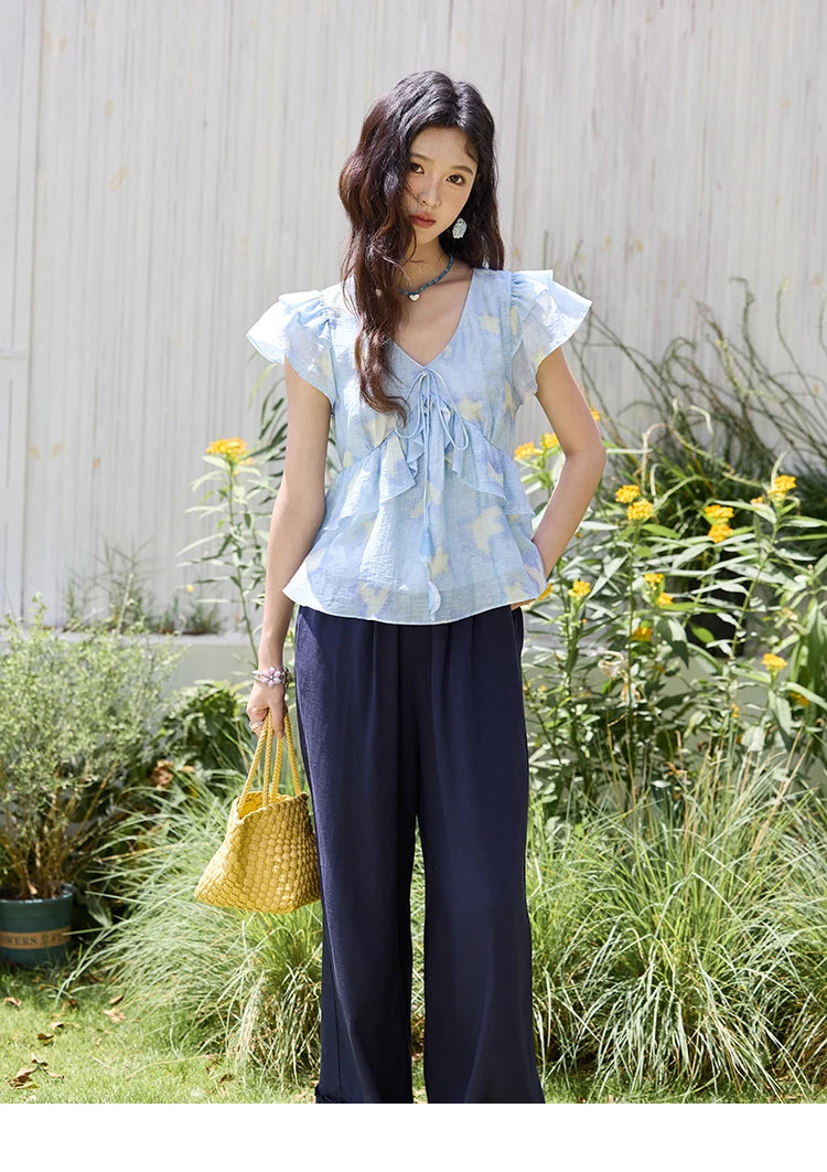 MISHOW Women's Blue Double-Layer Ruffled Linen V-Neck Blouse MXE33X1819