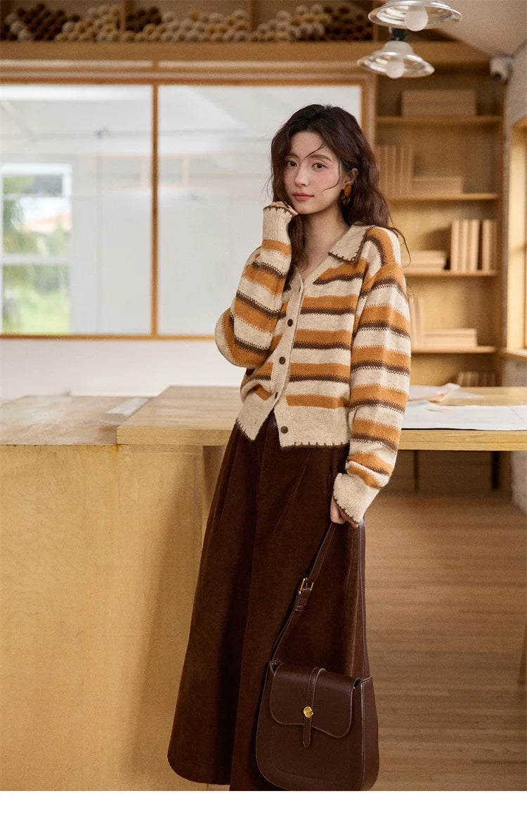 Mishow Retro Striped V-Neck Wool Cardigan MXE87Z2681