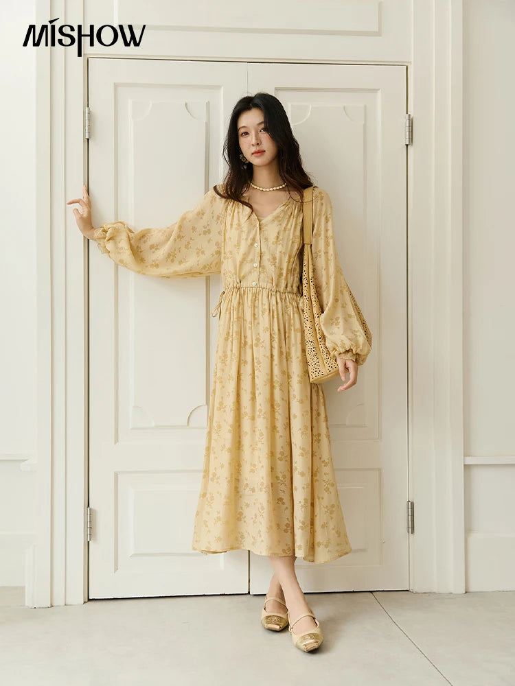 MISHOW Yellow Print Lace Lantern Sleeve Dress MXE47L2527