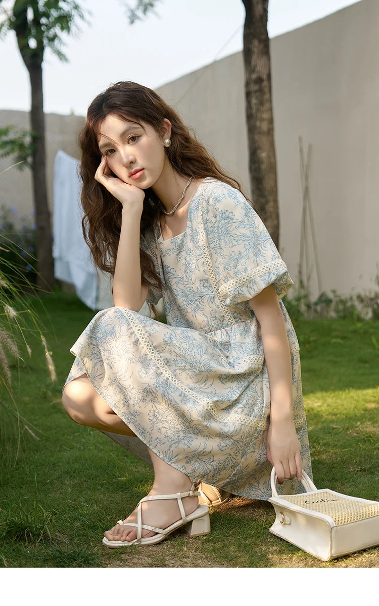 Mishow Square Collar Blue Floral Puff Sleeve Dress MXC38L1520