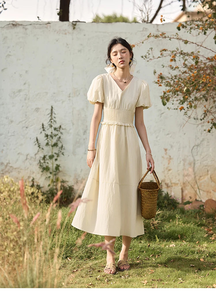 Mishow French Puff Sleeve V-Neck Cotton Dress MXE34L2288