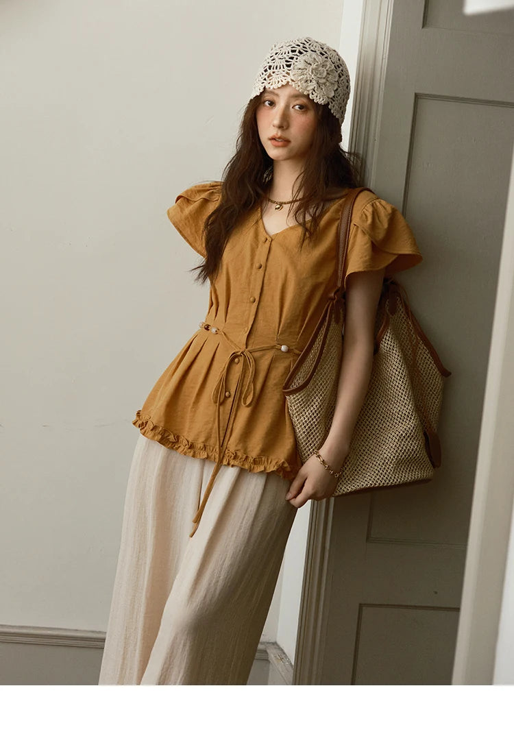 MISHOW Petal Sleeve Slim Shirt V-Neck Bead Belt MXE39X1881