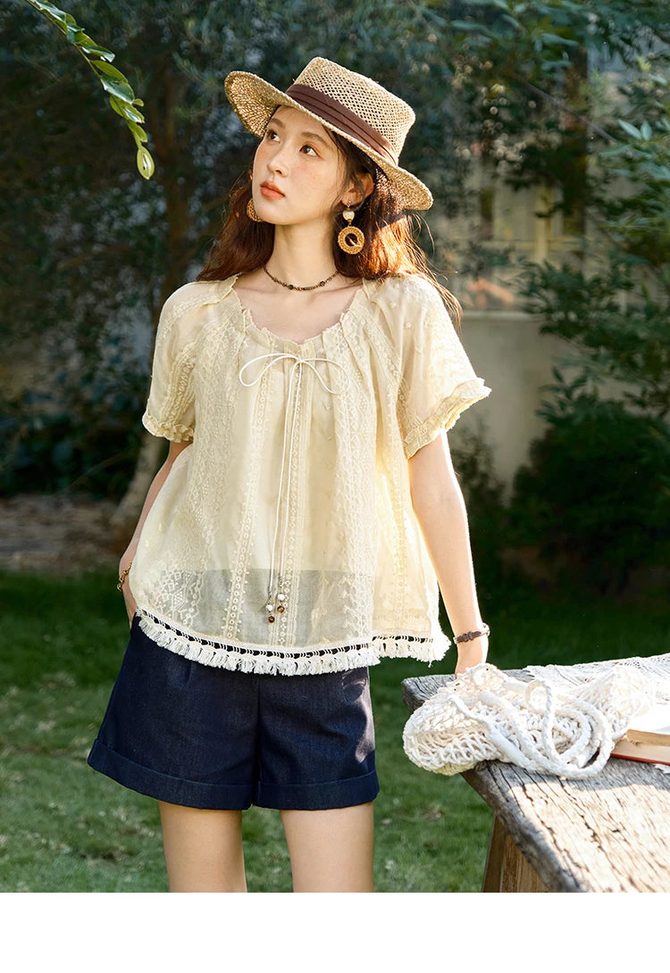 MISHOW Embroidered Jacquard Blouse O-Neck Lace Up MXE37X1861