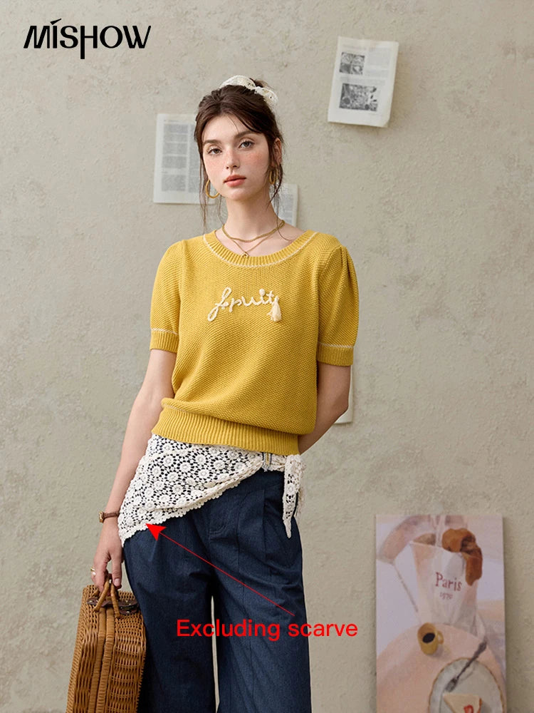 Mishow French Letter Short Sleeve Round Neck Pullover MXE33Z1219