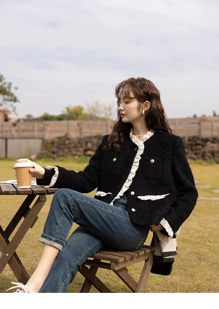 MISHOW Wool Coat Lace Splicing Lamb Wool Button Pockets MXB43W0720