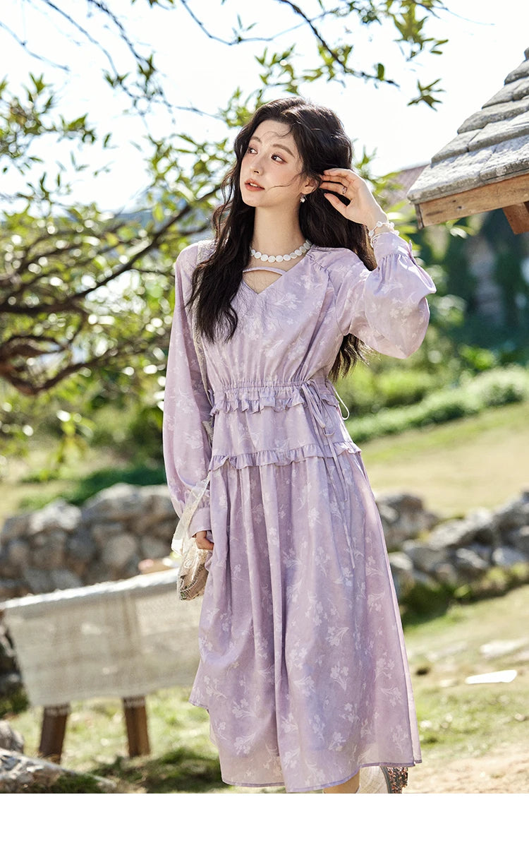 Mishow Black Fungus Edge Floral Lace-Up Cake Dress MXE13L2101