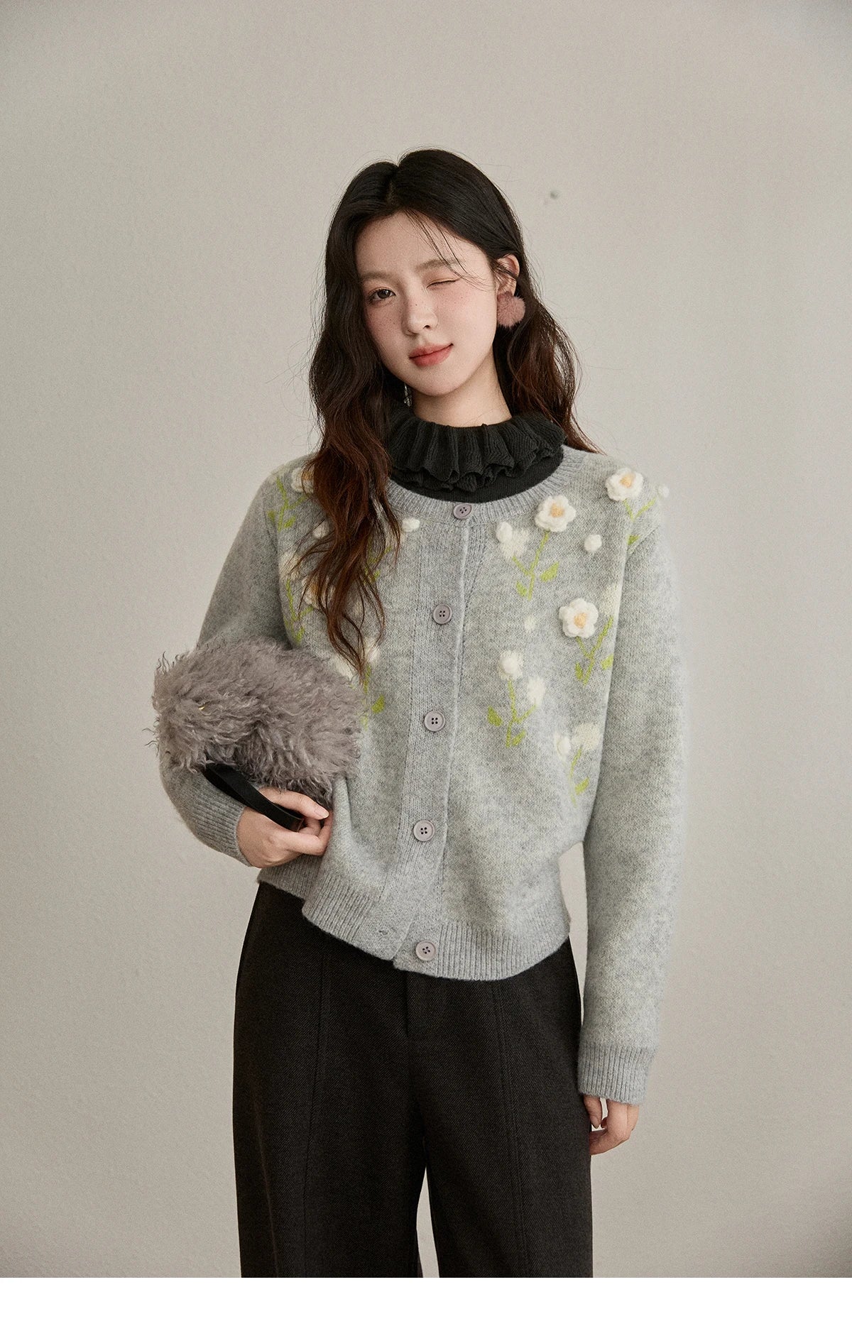Mishow Gray Flower Embroidery Round Collar Cardigan MXE91Z2836