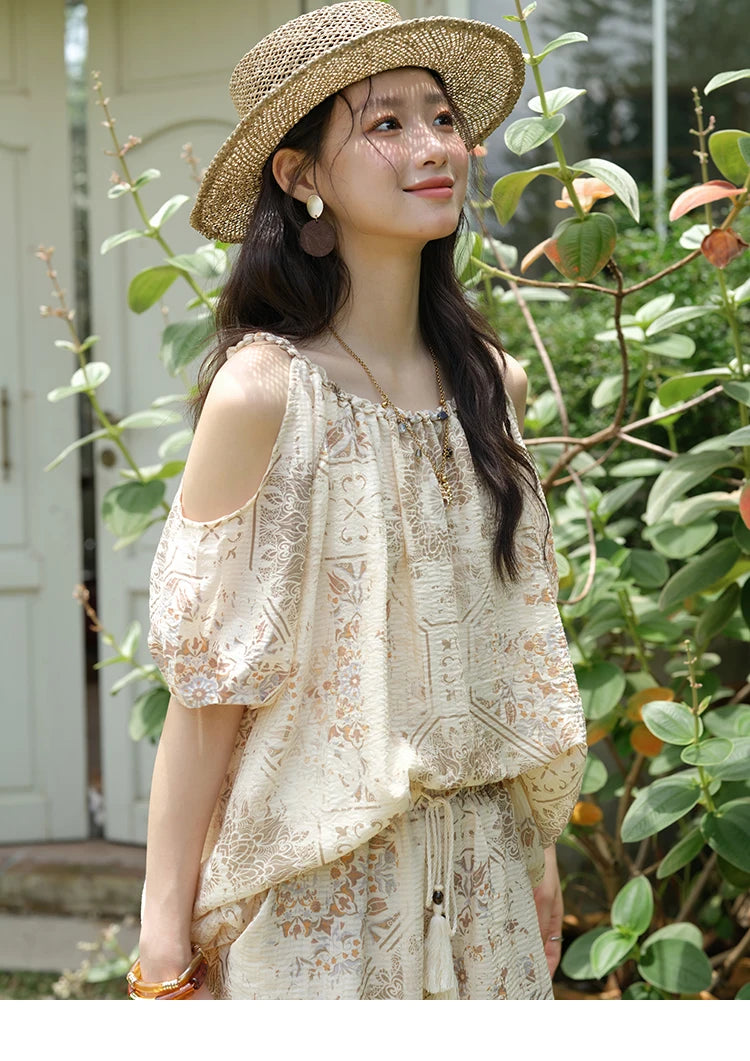 Mishow Bohemian Print Top & Beaded Tassel Drawstring Shorts Set MXE39T0723