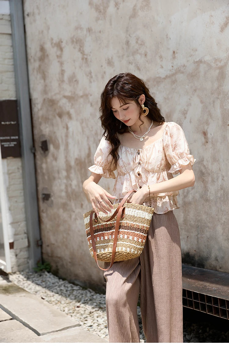 MISHOW Floral Print Square Neck Shirt Bubble Sleeve Patchwork MXD30X1565
