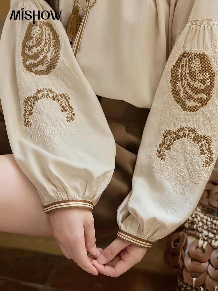 MISHOW Apricot Embroidered Blouse Tassels Lantern Sleeves MXE41X1940