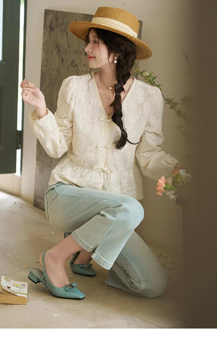 MISHOW Chinese Lace Blouse V-Neck Embroidery MXD14X1433
