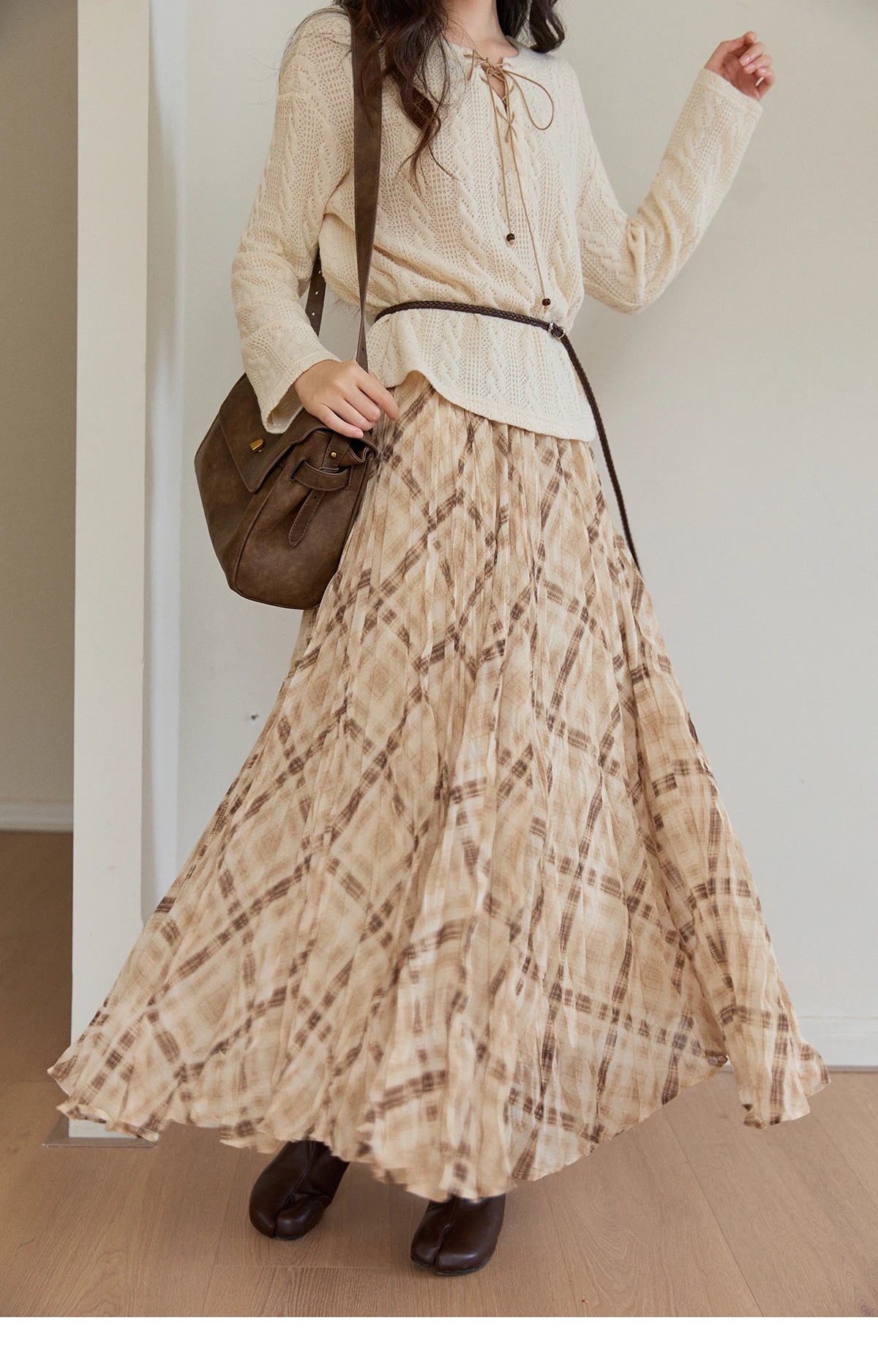 MISHOW Beige Plaid Maxi Skirt High Waist Flowy Elastic MXF108B0769