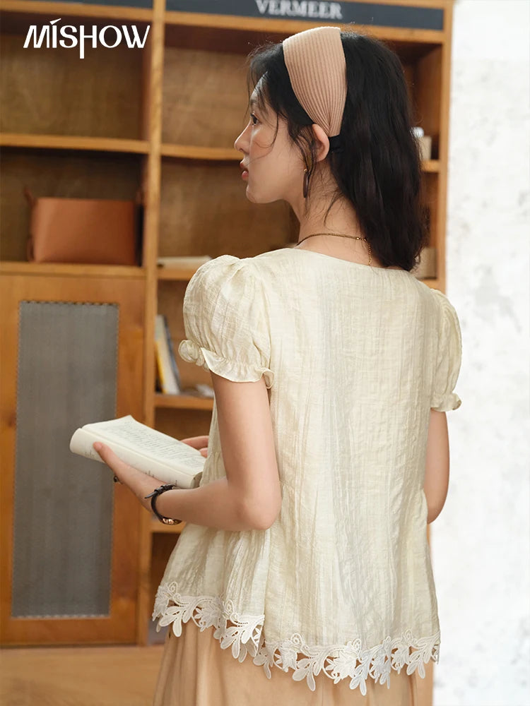 MISHOW French Round Neck Lace Up Blouse Embroidery Puff Sleeve MXE39X1956