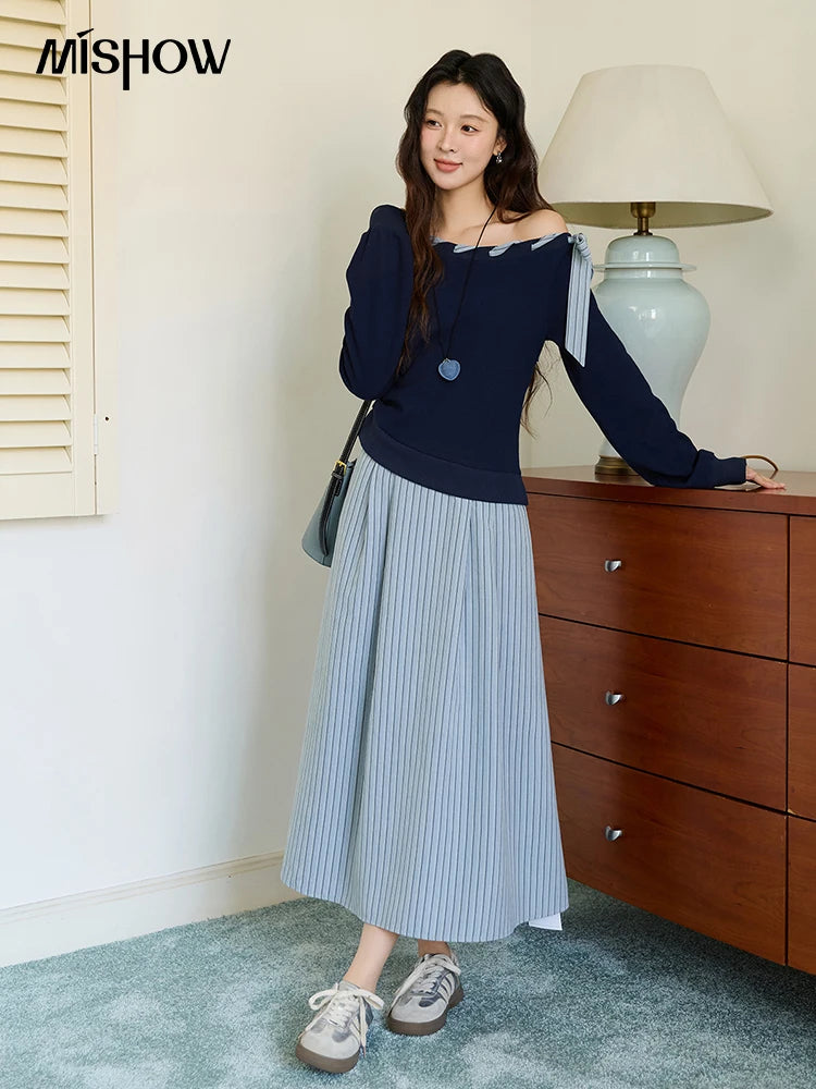 Mishow Blue Navy Slash Neck Contrast Lace Dress MXE45L2516