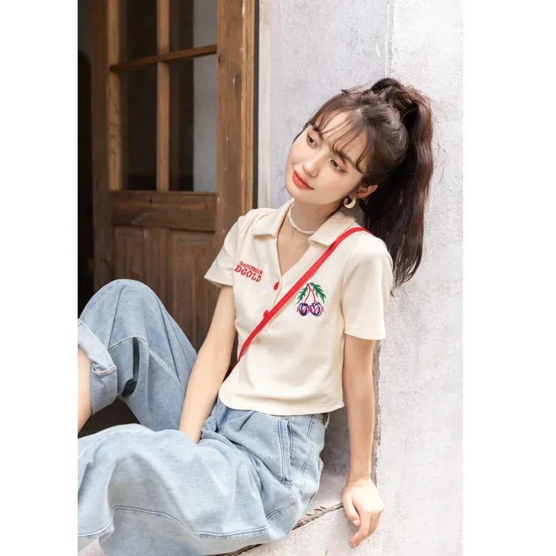 Mishow Korean Polo Collar Embroidery Letter Tee MXB32T0477