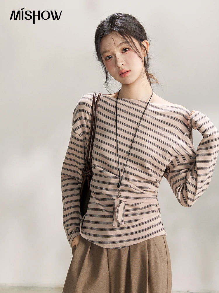 Mishow Striped Boat Neck T-Shirt with Necklace MXF13T1514