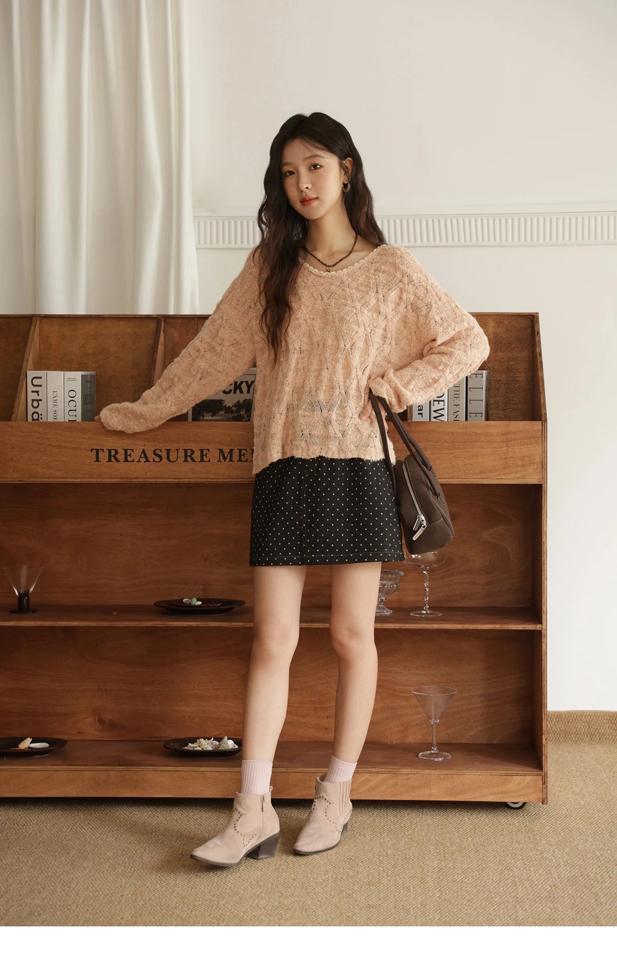 Mishow Bamboo Loop Yarn Hollow V-Neck Lace Sweater MXE43Z1349