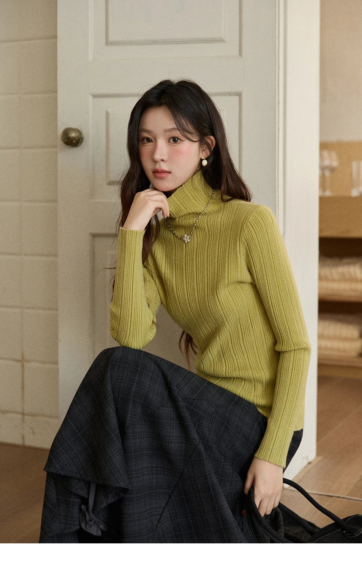 Mishow Solid Turtleneck Vertical Ribbed Slim Top MXE86Z2656