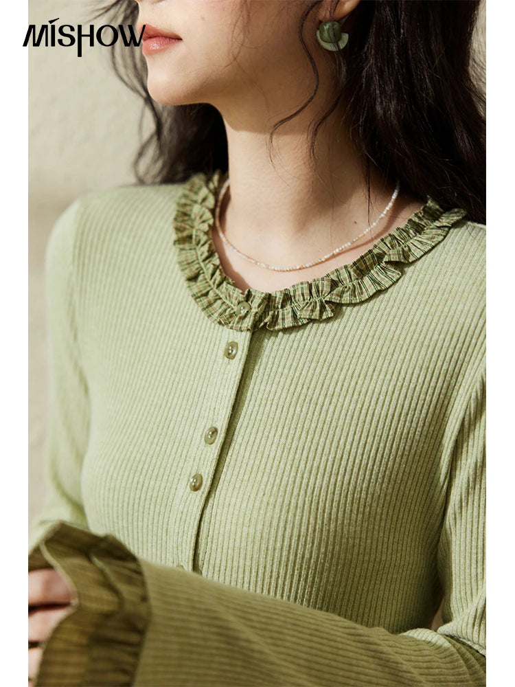 Mishow Green Plaid Lotus Leaf Sleeve Tee MXE14Z1152