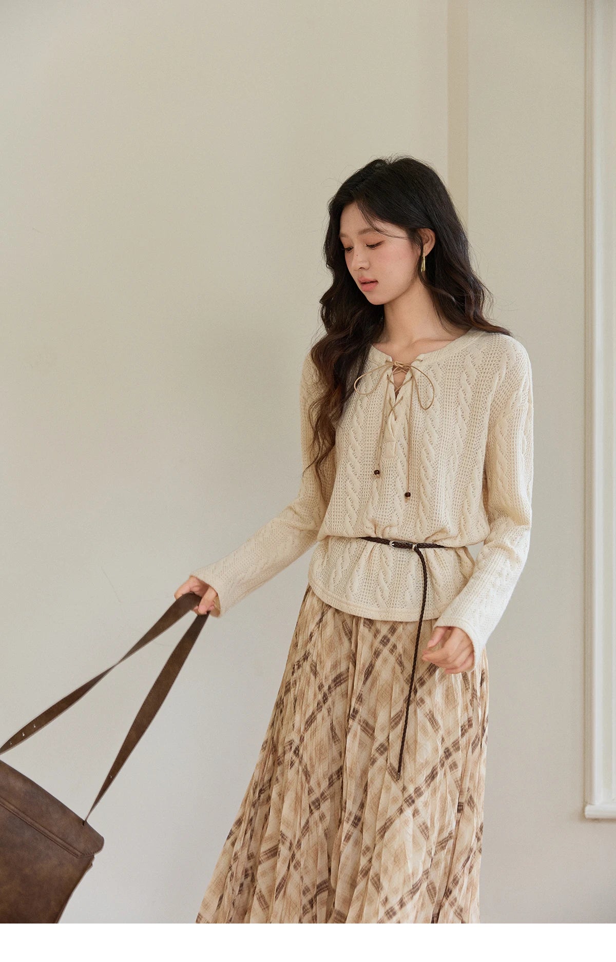 Mishow Beige V-Neck Lace-Up Cable Knit Sweater MXF108Z1029