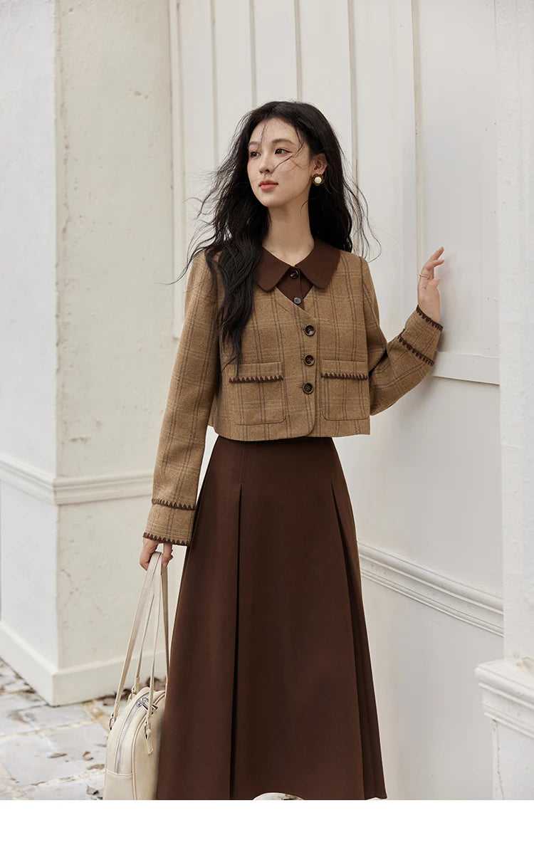 Mishow Plaid Tweed Jacket & Pleated Midi Skirt Set MXD46W0460