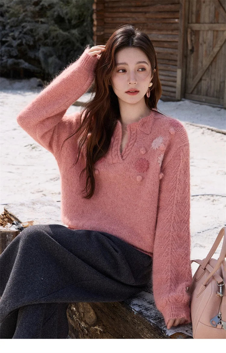 Mishow Raspberry Pink Floral Pom-Pom V-Neck Sweater MXE86Z2740