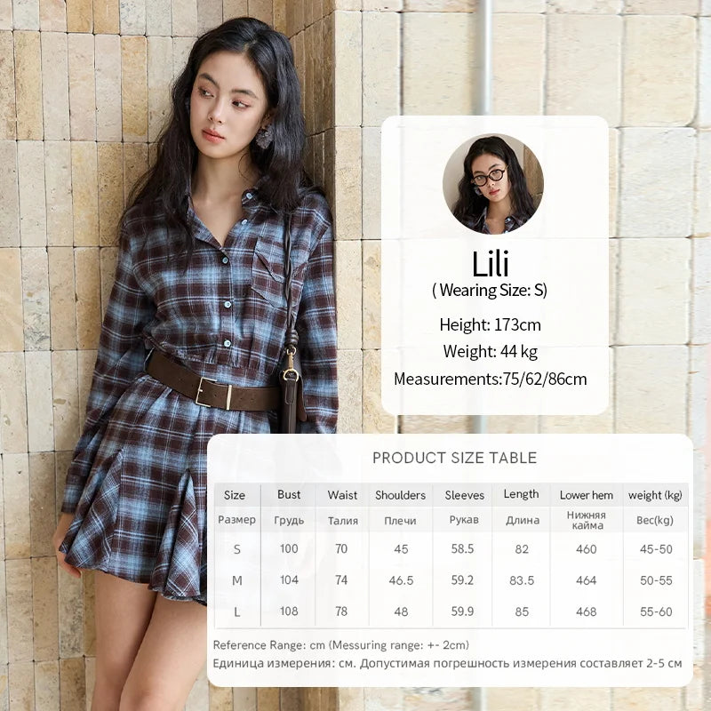 Mishow Blue Plaid Turn-Down Collar Belt Dress MXE48L2525