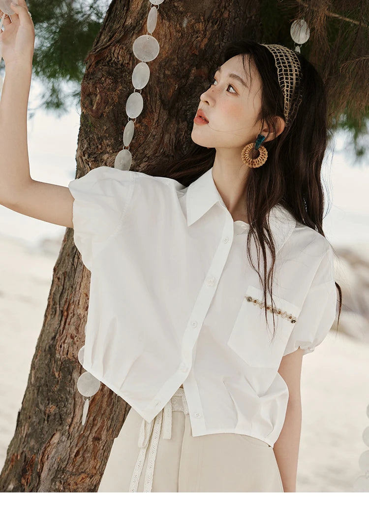 MISHOW Short Puff Sleeve Blouse Turn Down Collar Shell Ribbon MXE33C0773