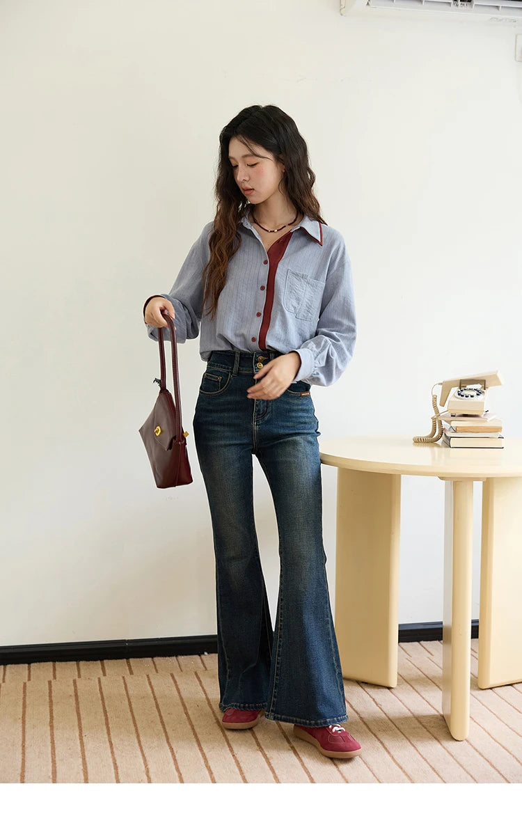 MISHOW Blue Red Striped Shirt Contrast Splicing Lapel MXE46C2405