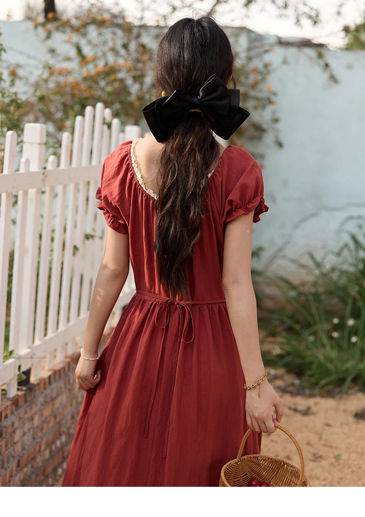 Mishow French Puff Sleeve Lace Neck Long Dress MXE35L2297