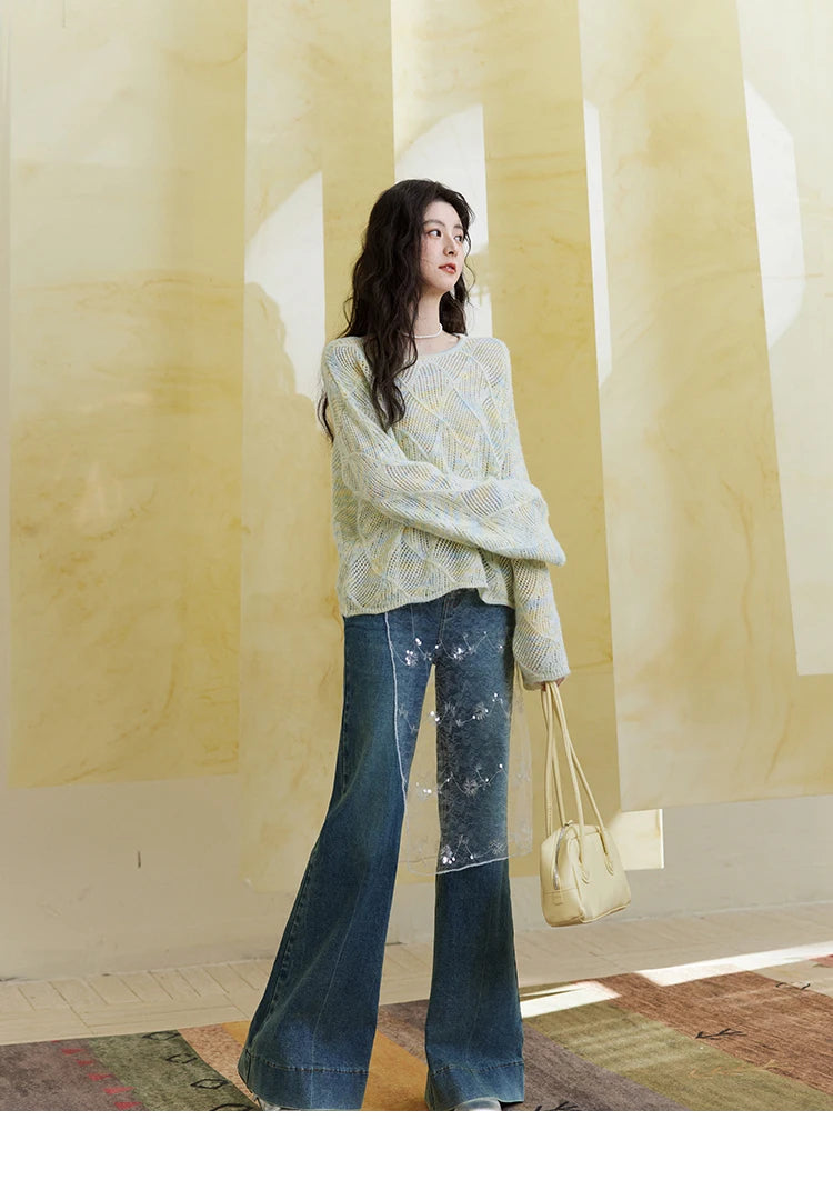 Mishow Hollow Dropped Shoulder Hem Wavy Edge Sweater MXE14Z1208