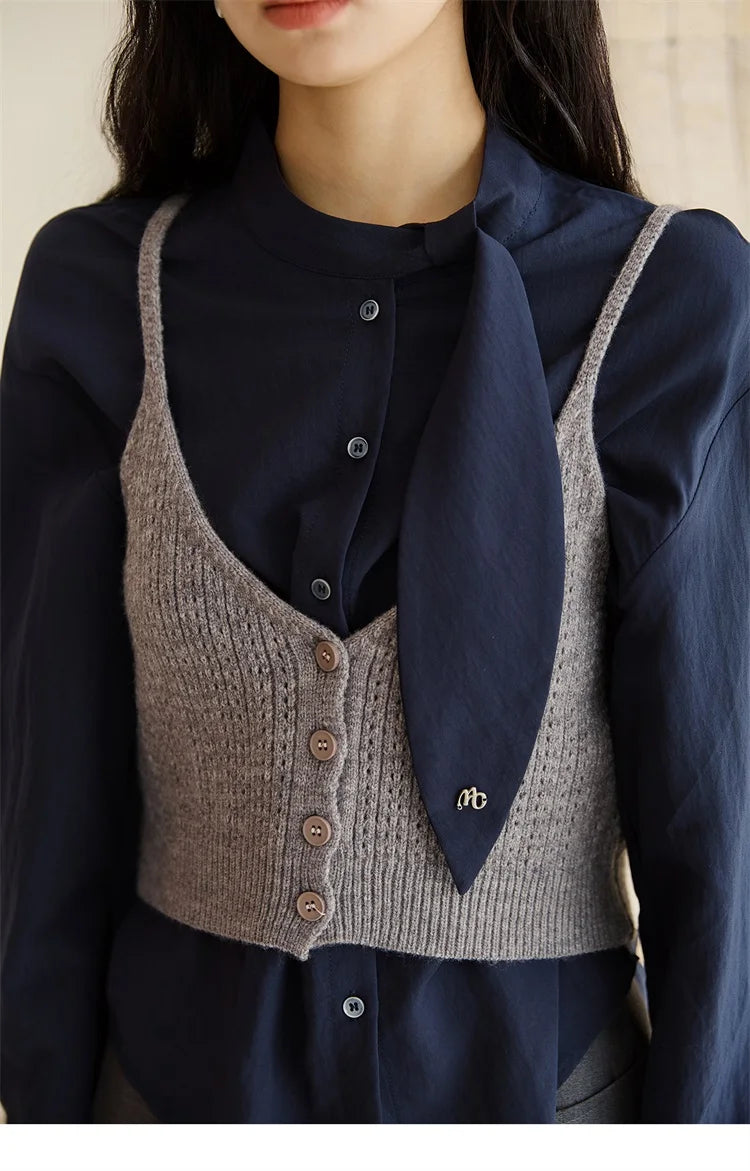 MISHOW Navy Ribbon Layered Shirt Knit Camisole Two-Piece Set MXE47T1412