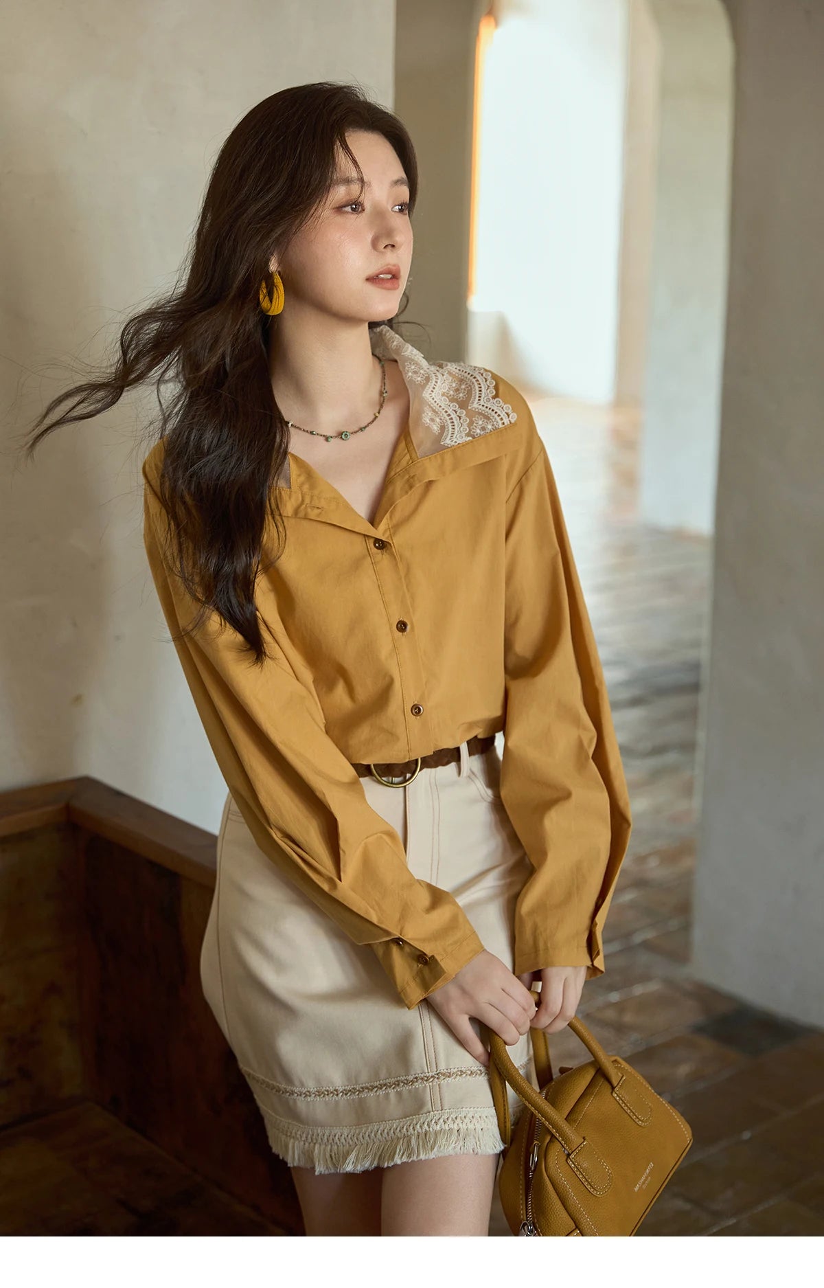 MISHOW Solid Cotton Shirt V-Neck Double Layer Lace MXE41C2366