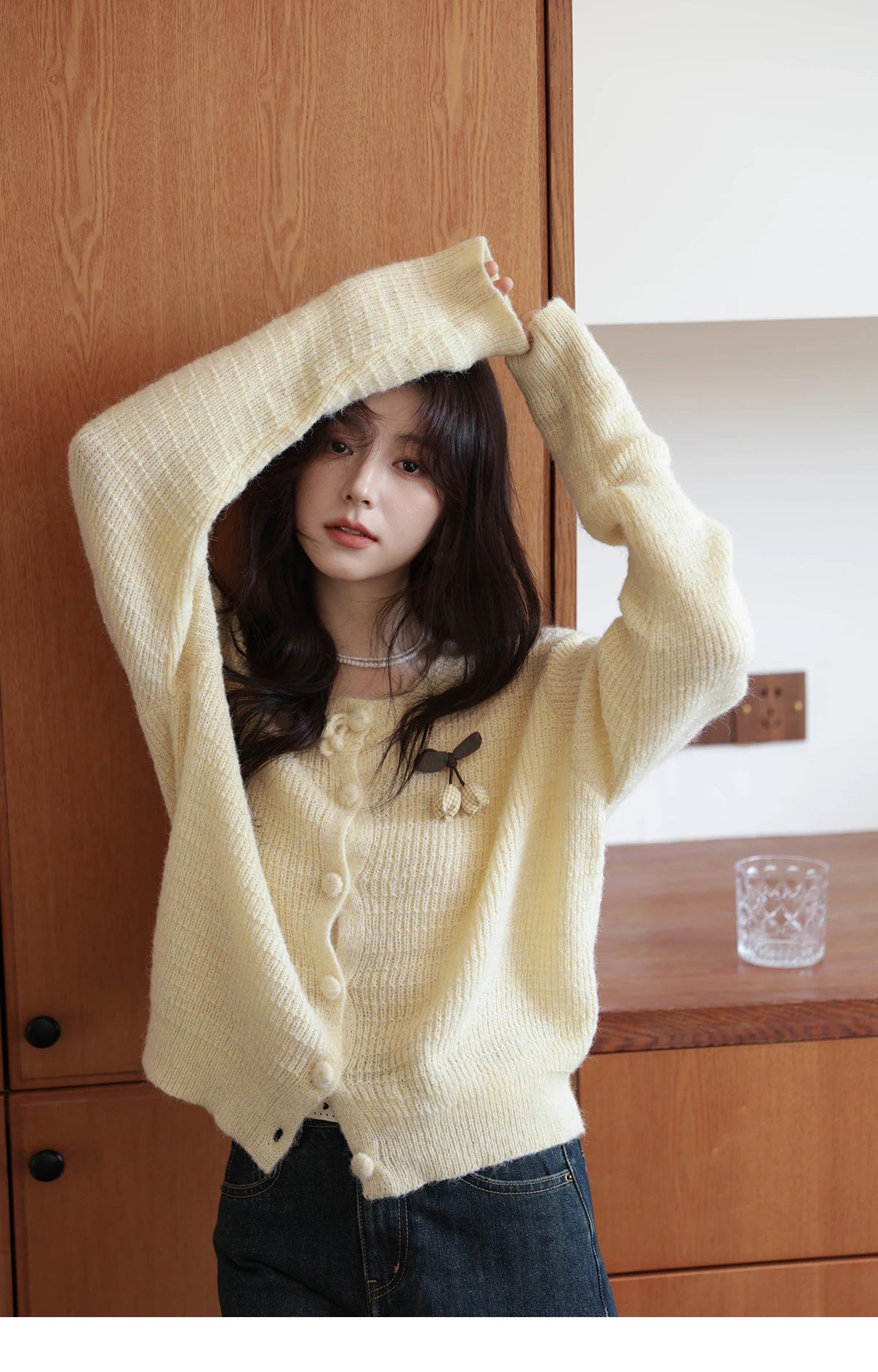 Mishow Camellia Brooch Round Neck Cardigan MXE44Z1390