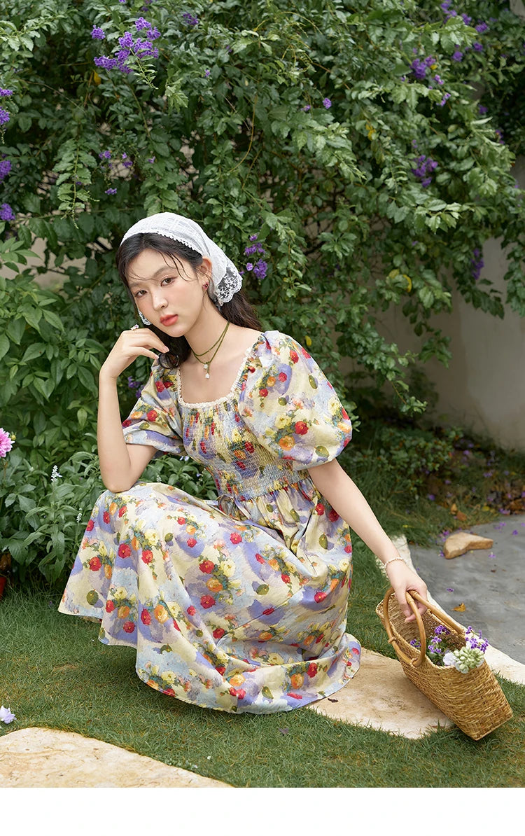 Mishow Floral Smocked Puff Sleeve Beach Dress MXD24L1905
