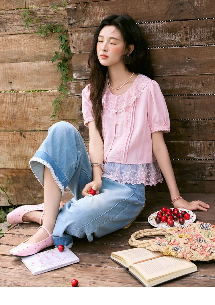 MISHOW Pink Spliced Lace Round Neck Blouse Metal Buttons MXE32X1768