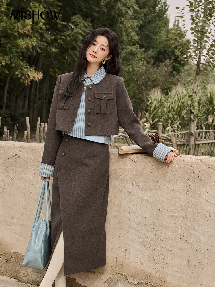 Mishow Plaid Tweed O-Neck Jacket & Front Slit Long Skirt Set MXD43W0445