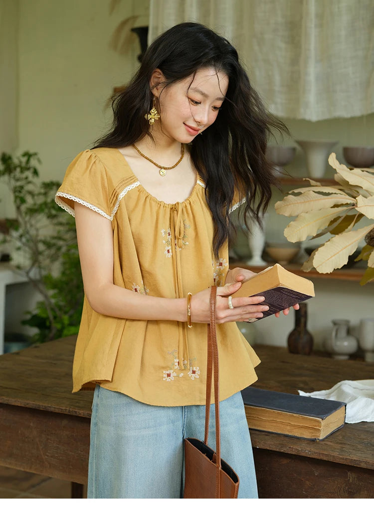 MISHOW Embroidery Flower Blouse O-Neck Lace Up Flying Sleeve MXE39X1880