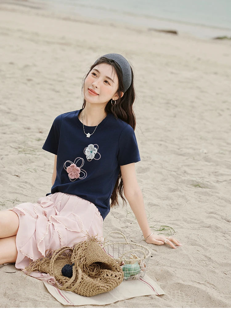 Mishow Flower Beaded Round Neck Tee MXE33T0499