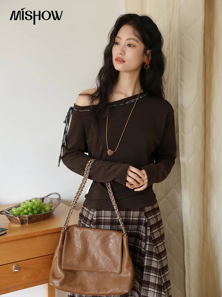Mishow Slant Shoulder Dark Brown Strap Knit Top MXE45T1402