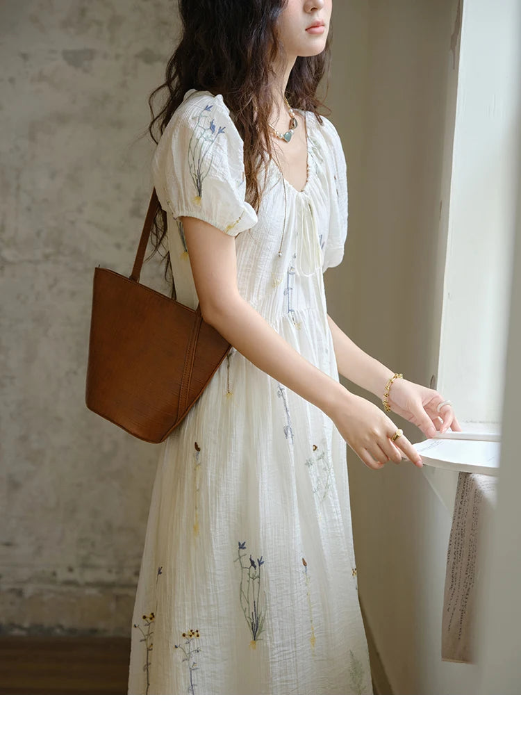 Mishow V-Neck Lace-Up Embroidery Vacation Dress MXE34L2284