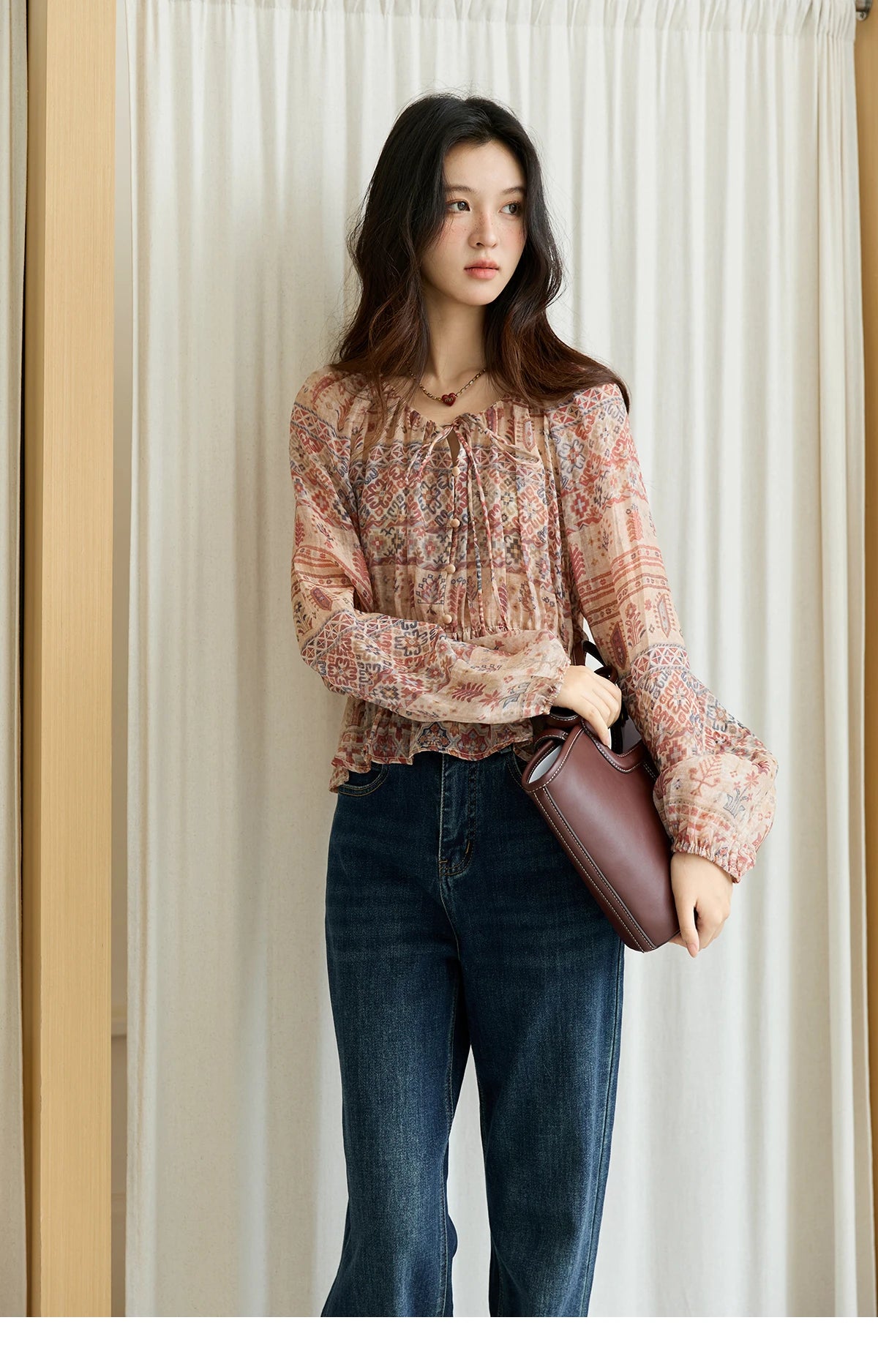 MISHOW National Style Printed Blouse Round Neck Drop Sleeve MXE47X2508